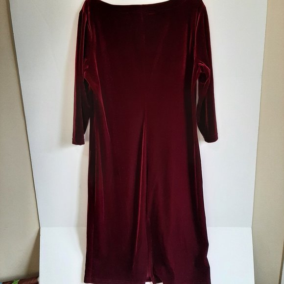 Kathie Lee Collection Burgundy Round Neck Stretch Velvet Long Sleeve Dress - Picture 3 of 5